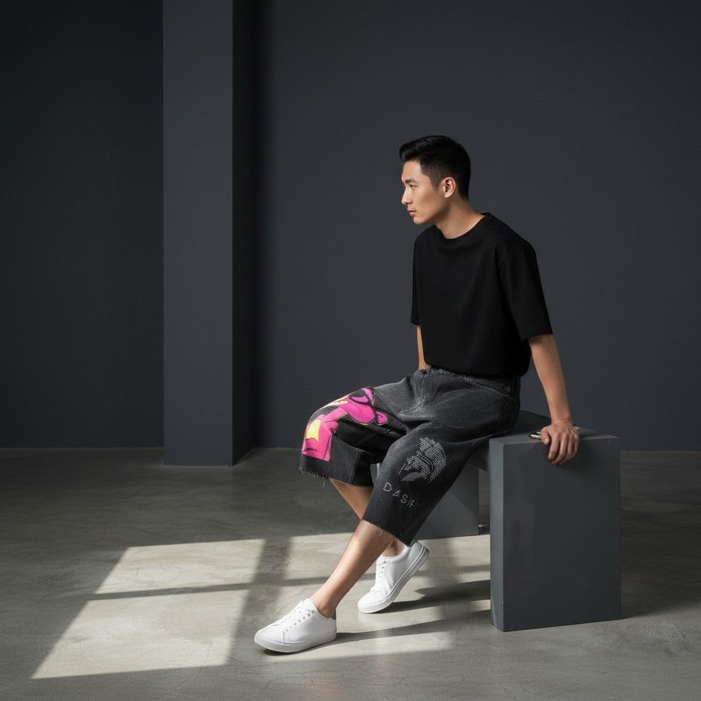 CN Urban men's dark wash denim shorts with graphic print and distressed hem, paired with a black t-shirt.